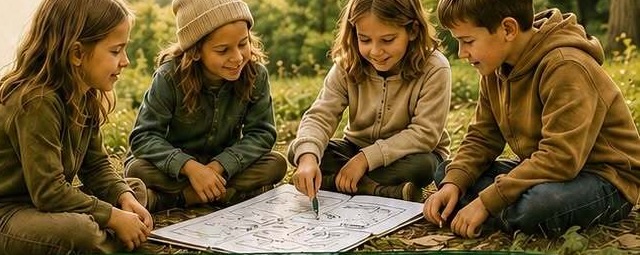 Czworo dzieci siedzi na trawie i wspólnie planuje tydzień na dużej kartce